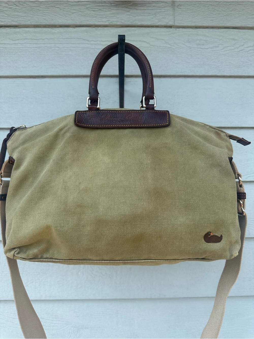 Dooney & Bourke Olive Canvas Duffel with Brown Leather Trim - Picture 1 of 15